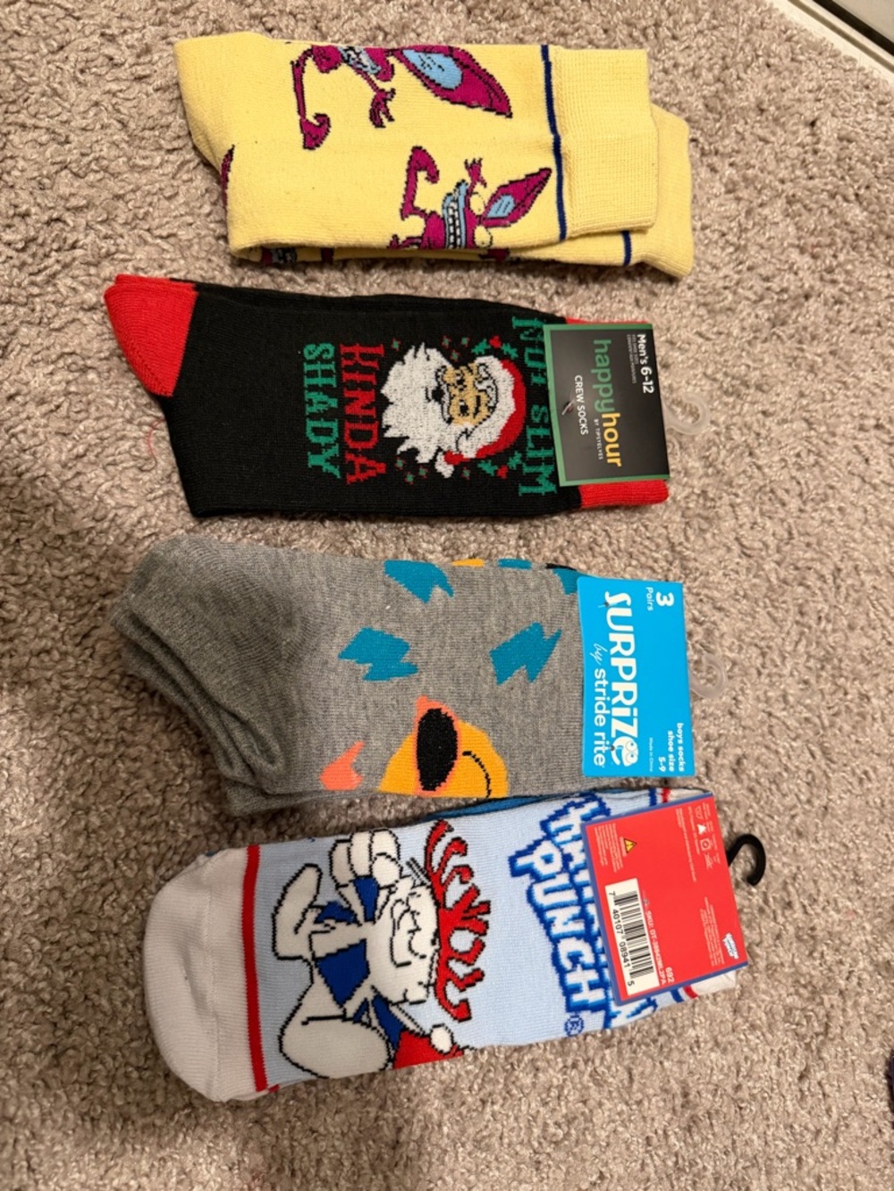 Novelty Crew Socks - Black, Gray, Yellow, Blue (4 Pack)- aw real monsters